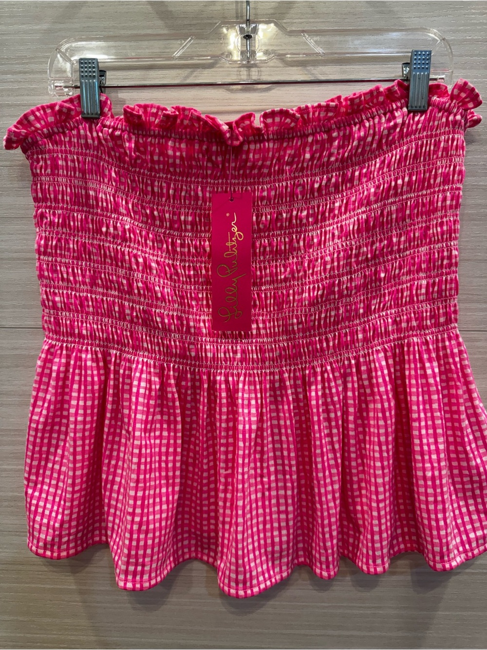 Lilly Pulitzer Hot Pink Smocked Gingham Strapless Top NWT size XL